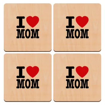 I LOVE MOM, ΣΕΤ x4 Σουβέρ ξύλινα τετράγωνα plywood (9cm)