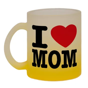 I LOVE MOM, Κούπα γυάλινη δίχρωμη με βάση το κίτρινο ματ, 330ml