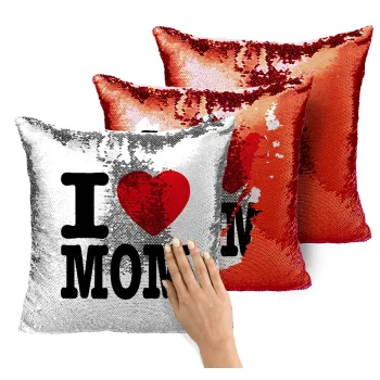 I LOVE MOM, Μαξιλάρι καναπέ Μαγικό Κόκκινο με πούλιες 40x40cm περιέχεται το γέμισμα