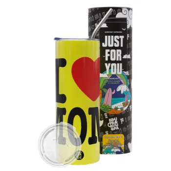 I LOVE MOM, Neon Yellow Travel Tumbler θερμό, μεταλλικό καλαμάκι(Ανωξείδωτο 304 Food grade, BPA free, 600ml)