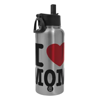 I LOVE MOM, Metal mug thermo Silver with Straw and Spout Lid (Stainless steel), double wall, 950ml