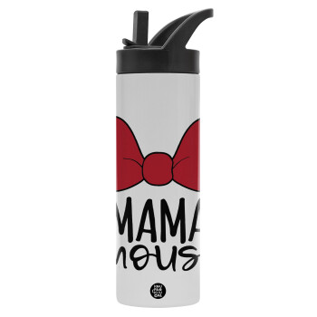 MAMA mouse, Metallic thermos bottle with straw & handle, stainless steel (Stainless steel 304), double-walled, 600ml.