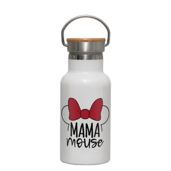 MAMA mouse, Μεταλλικό παγούρι θερμός (Stainless steel) Λευκό με ξύλινο καπακι (bamboo), διπλού τοιχώματος, 350ml