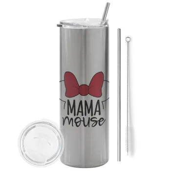 MAMA mouse, Tumbler ποτήρι θερμό Ασημένιο από ανοξείδωτο ατσάλι 600ml, με μεταλλικό καλαμάκι & βούρτσα καθαρισμού