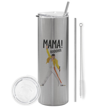 mama ooohh!, Eco friendly ποτήρι θερμό Ασημένιο (tumbler) από ανοξείδωτο ατσάλι 600ml, με μεταλλικό καλαμάκι & βούρτσα καθαρισμού