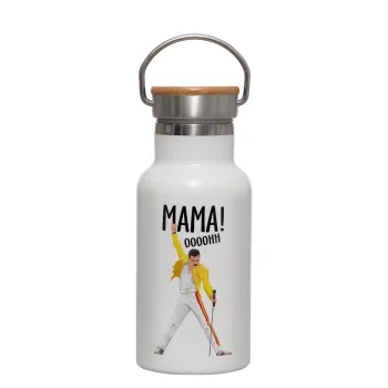 mama ooohh!, Μεταλλικό παγούρι θερμός (Stainless steel) Λευκό με ξύλινο καπακι (bamboo), διπλού τοιχώματος, 350ml