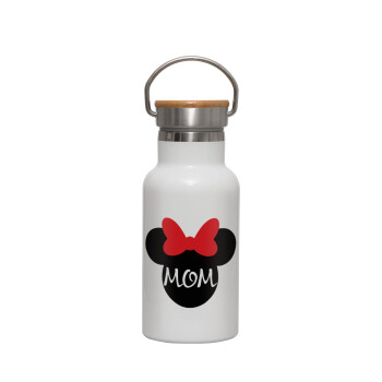 mini mom, Μεταλλικό παγούρι θερμός (Stainless steel) Λευκό με ξύλινο καπακι (bamboo), διπλού τοιχώματος, 350ml