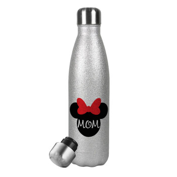 mini mom, Μεταλλικό παγούρι θερμός Glitter Aσημένιο (Stainless steel), διπλού τοιχώματος, 500ml