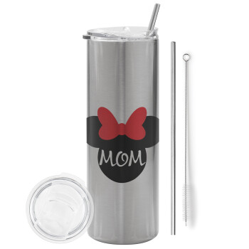 mini mom, Eco friendly ποτήρι θερμό Ασημένιο (tumbler) από ανοξείδωτο ατσάλι 600ml, με μεταλλικό καλαμάκι & βούρτσα καθαρισμού