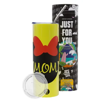 mini mom, Neon Yellow Travel Tumbler θερμό, μεταλλικό καλαμάκι(Ανωξείδωτο 304 Food grade, BPA free, 600ml)