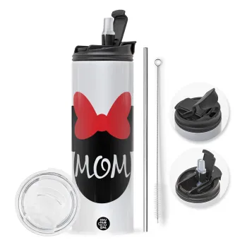 mini mom, Travel Tumbler θερμό με διπλό καπάκι, μεταλλικό καλαμάκι και βούρτσα καθαρισμού (Ανωξείδωτο 304 Food grade, BPA free, 600ml)