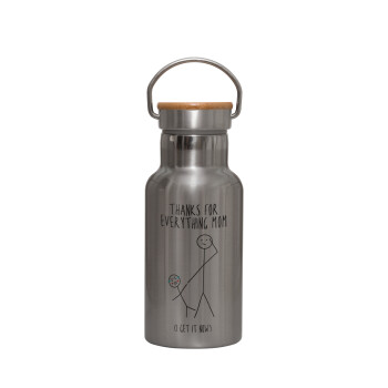 Thanks for everything mom, Stainless steel metallic thermos flask, silver with a bamboo lid, double-walled, 350ml.