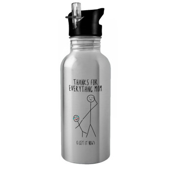 Thanks for everything mom, Water bottle Silver with straw, stainless steel 600ml