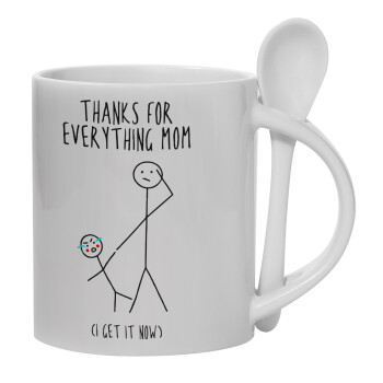 Thanks for everything mom, Ceramic coffee mug with Spoon, 330ml (1pcs)