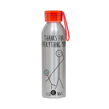 Thanks for everything mom, Αλουμινένιο Αθλητικό Μπουκάλι 650ml – Ασημί με Κόκκινο Καπάκι και Λουράκι Σιλικόνης