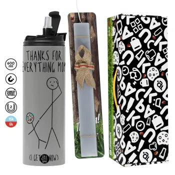 Thanks for everything mom, Πασχαλινή Λαμπάδα με Travel Tumbler θερμό (600ml, BPA free) & κερί αρωματικό πλακέ (30cm) (ΓΚΡΙ)