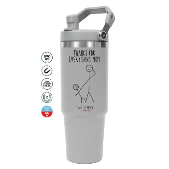 Thanks for everything mom, ΓΚΡΙ Travel Tumbler Θερμός με χερούλι και καλαμάκι 890ml