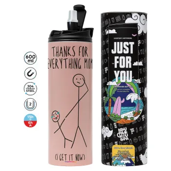 Thanks for everything mom, Tumbler ποτήρι θερμό ΡΟΖ από ανοξείδωτο ατσάλι 600ml