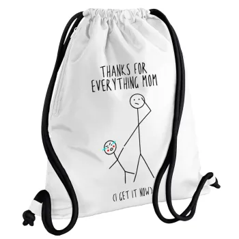 Thanks for everything mom, Backpack pouch GYMBAG white, with pocket (40x48cm) & thick cords