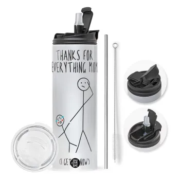 Thanks for everything mom, Travel Tumbler 2 Lids, with metal straw & cleaning brush (Stainless steel 304 Food grade, BPA free, 600ml)