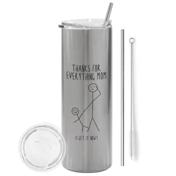 Thanks for everything mom, Tumbler ποτήρι θερμό Ασημένιο από ανοξείδωτο ατσάλι 600ml, με μεταλλικό καλαμάκι & βούρτσα καθαρισμού