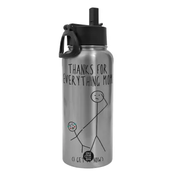 Thanks for everything mom, Metal mug thermo Silver with Straw and Spout Lid (Stainless steel), double wall, 950ml