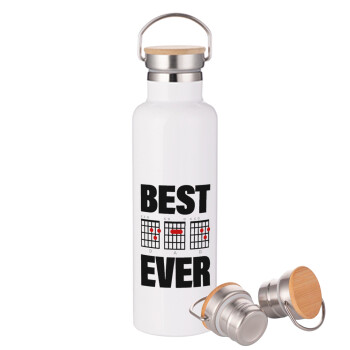 Best DAD Ever συγχορδίες κιθάρας, Μεταλλικό παγούρι θερμός (Stainless steel) Λευκό με ξύλινο καπάκι (bamboo), διπλού τοιχώματος, 750ml