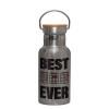 Stainless steel metallic thermos flask, silver with a bamboo lid, double-walled, 350ml.