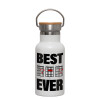 Metallic thermos (Stainless steel) White with wooden lid (bamboo), double-walled, 350ml