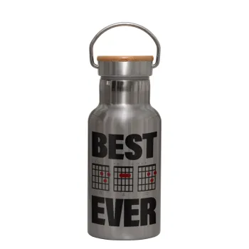 Best DAD Ever guitar chords, Stainless steel metallic thermos flask, silver with a bamboo lid, double-walled, 350ml.