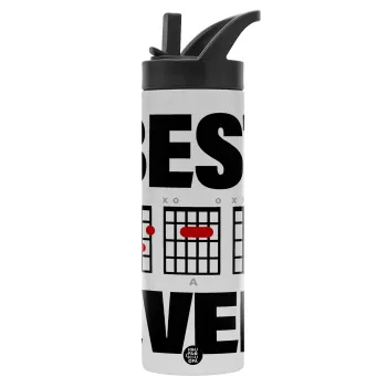 Best DAD Ever συγχορδίες κιθάρας, Μεταλλικό παγούρι θερμός με καλαμάκι & χειρολαβή, ανοξείδωτο ατσάλι (Stainless steel 304), διπλού τοιχώματος, 600ml