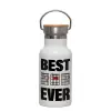 Metallic thermos (Stainless steel) White with wooden lid (bamboo), double-walled, 350ml