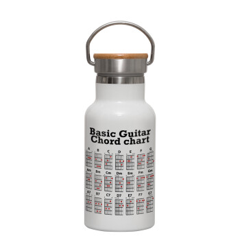 Συγχορδίες κιθάρας, Μεταλλικό παγούρι θερμός (Stainless steel) Λευκό με ξύλινο καπακι (bamboo), διπλού τοιχώματος, 350ml