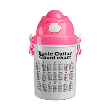 Συγχορδίες κιθάρας, Ροζ παιδικό παγούρι πλαστικό (BPA-FREE) με καπάκι ασφαλείας, κορδόνι και καλαμάκι, 400ml