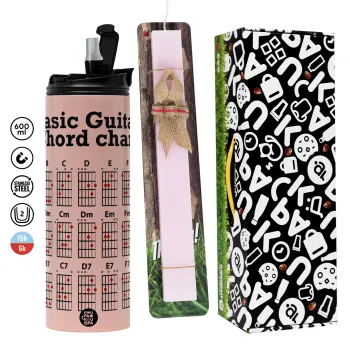 Guitar tabs, Easter candle,Travel Tumbler 2 Lids, with metal straw & cleaning brush & aromatic flat candle (30cm) (PINK)