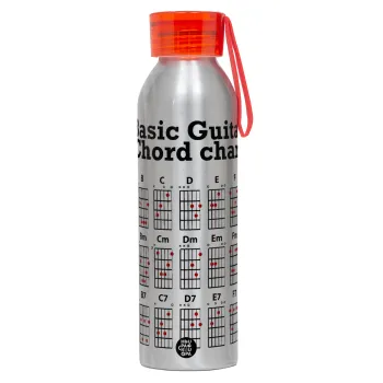 Guitar tabs, Aluminum Sports Bottle 650ml – Silver with Red Cap and Silicone Strap