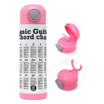 Guitar tabs, Children's hot water bottle, stainless steel, with safety straw, PINK (500ml)