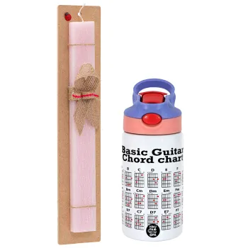 Guitar tabs, Easter Set, Children's thermal stainless steel water bottle with safety straw, pink/purple (350ml) & Easter scented flat candle (30cm) (PINK)