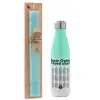 Easter Set, Metallic green/white thermos (Stainless steel), double-walled, 500ml & scented flat Easter candle (30cm) (TURQUOISE)