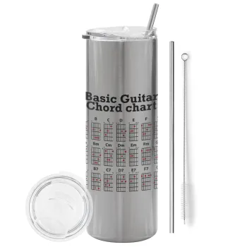 Συγχορδίες κιθάρας, Tumbler ποτήρι θερμό Ασημένιο από ανοξείδωτο ατσάλι 600ml, με μεταλλικό καλαμάκι & βούρτσα καθαρισμού