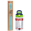 Easter Set, Children's thermal stainless steel bottle with safety straw, green/blue (350ml) & aromatic flat Easter candle (30cm) (TURQUOISE)