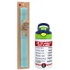 Easter Set, Children's thermal stainless steel bottle with safety straw, green/blue (350ml) & aromatic flat Easter candle (30cm) (TURQUOISE)