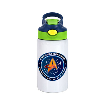 Starfleet command, Children's hot water bottle, stainless steel, with safety straw, green, blue (350ml)