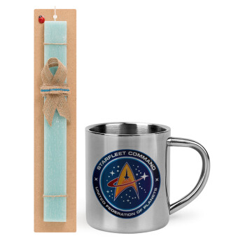 Starfleet command, Easter Set, metallic thermal cup (300ml) & aromatic flat Easter candle (30cm) (TURQUOISE)