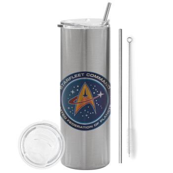 Starfleet command, Eco friendly stainless steel Silver tumbler 600ml, with metal straw & cleaning brush
