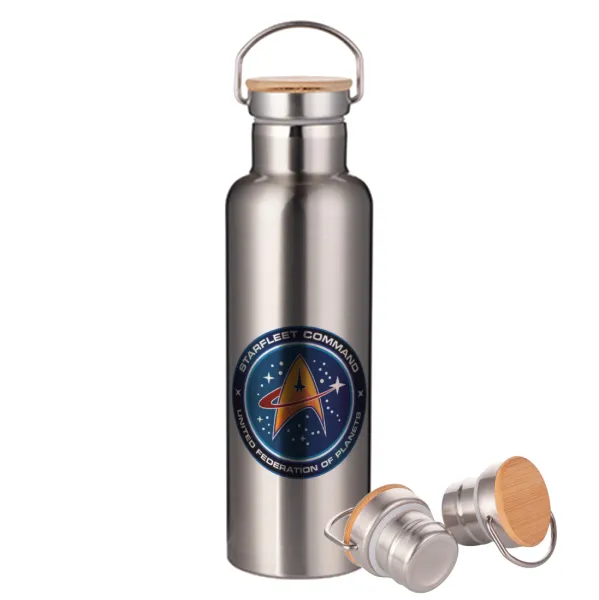 Starfleet command — Μεταλλικό παγούρι θερμός (Stainless steel) Ασημένιο με ξύλινο καπακι (bamboo), διπλού τοιχώματος, 750ml