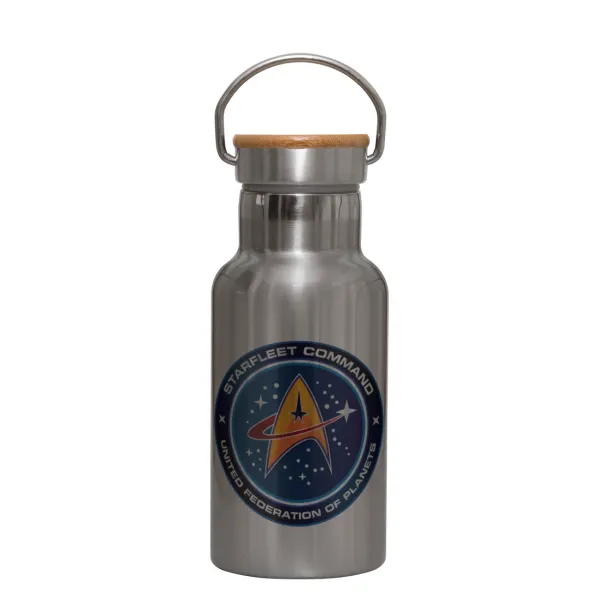 Starfleet command — Stainless steel metallic thermos flask, silver with a bamboo lid, double-walled, 350ml.