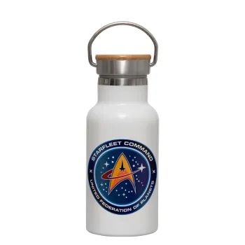 Starfleet command, Μεταλλικό παγούρι θερμός (Stainless steel) Λευκό με ξύλινο καπακι (bamboo), διπλού τοιχώματος, 350ml