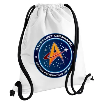 Starfleet command, Backpack pouch GYMBAG white, with pocket (40x48cm) & thick cords
