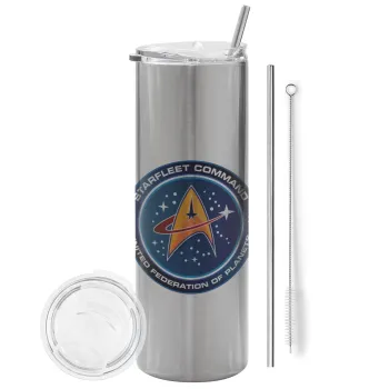 Starfleet command, Tumbler stainless steel Silver 600ml, with metal straw & cleaning brush